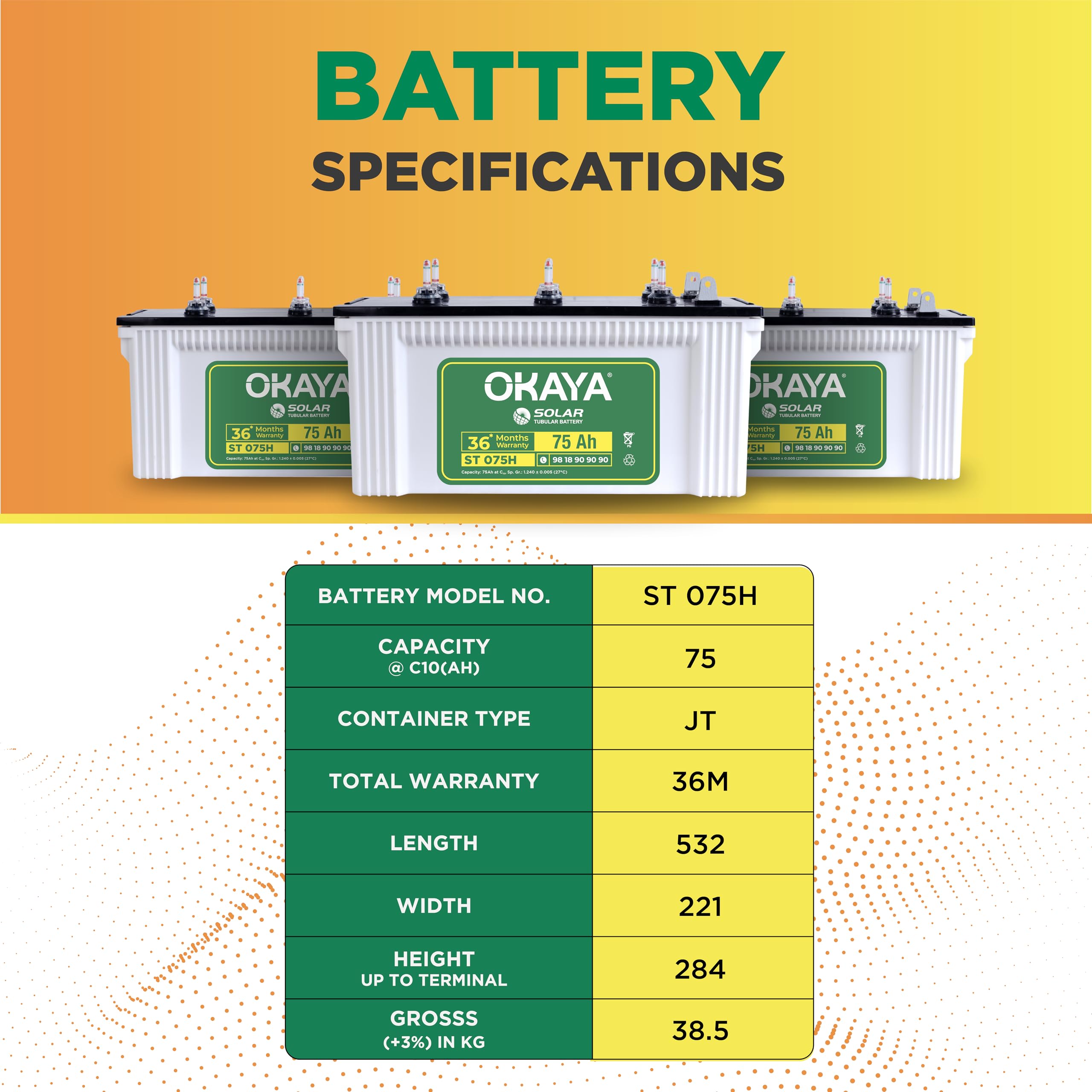 Okaya Solar ST 075H, 75Ah Tubular Battery for Home, Office & Shop